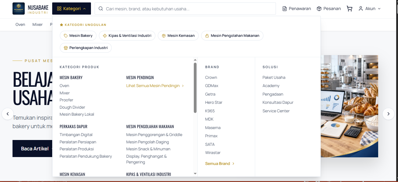 Menu kategori dan brand pada komputer
