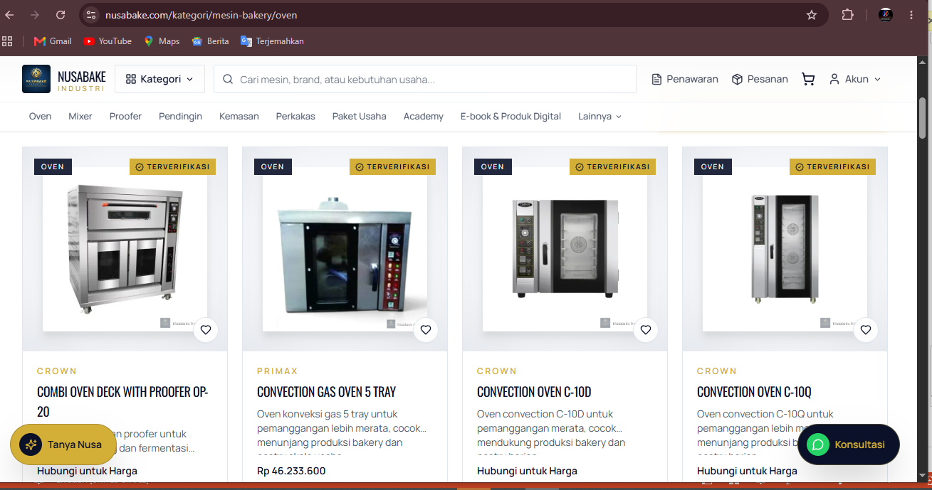 Tangkapan layar asli daftar produk oven Nusabake pada komputer