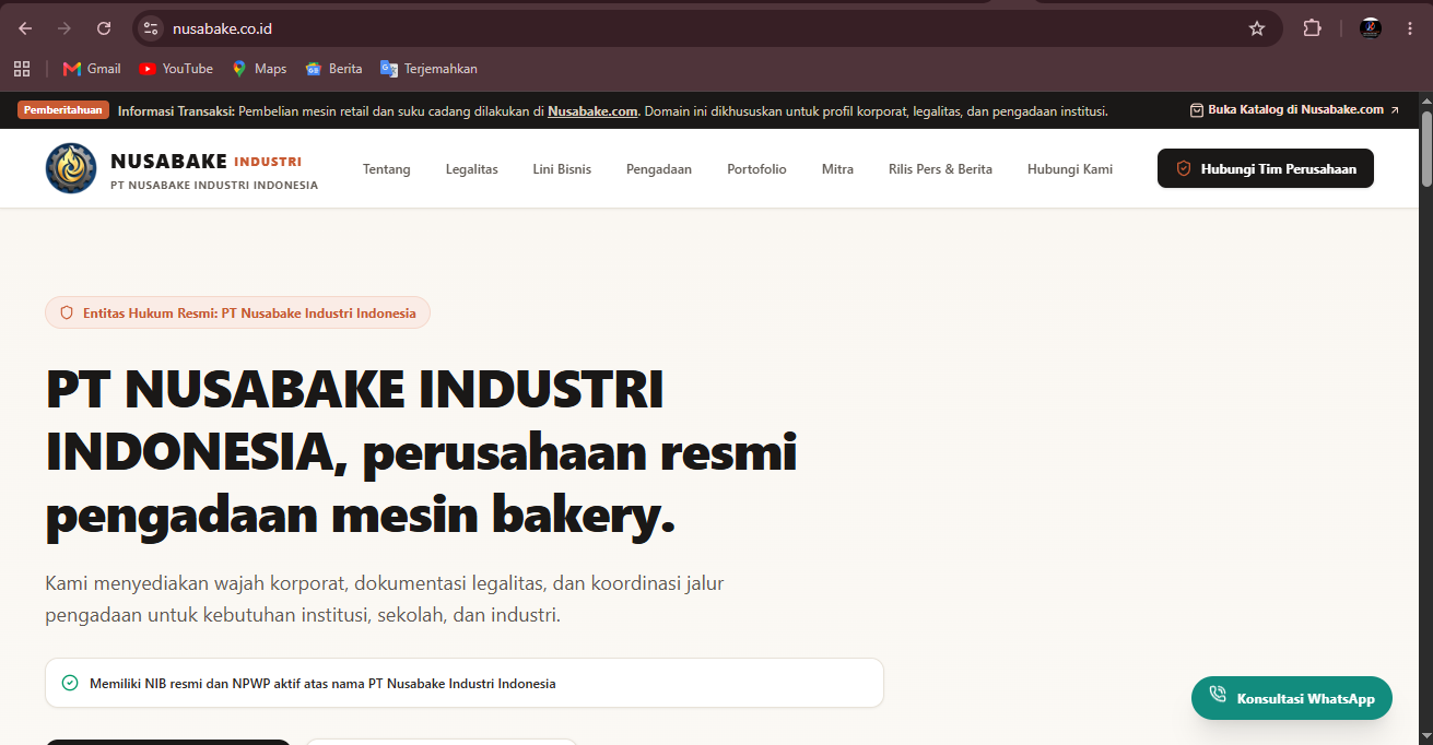 Tampilan asli beranda website profil perusahaan PT Nusabake Industri Indonesia